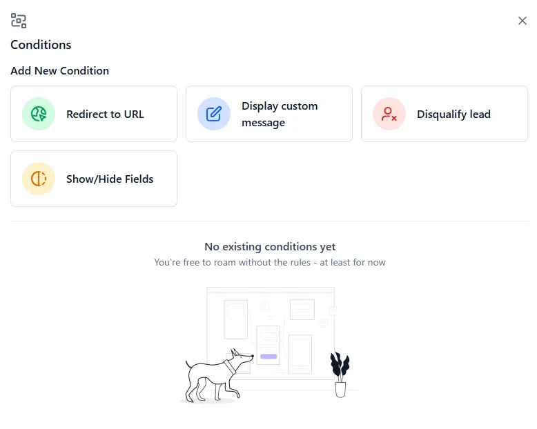 Form builder interface showing conditional logic options such as redirect to URL, display custom message, disqualify lead, and show or hide fields in smart forms.