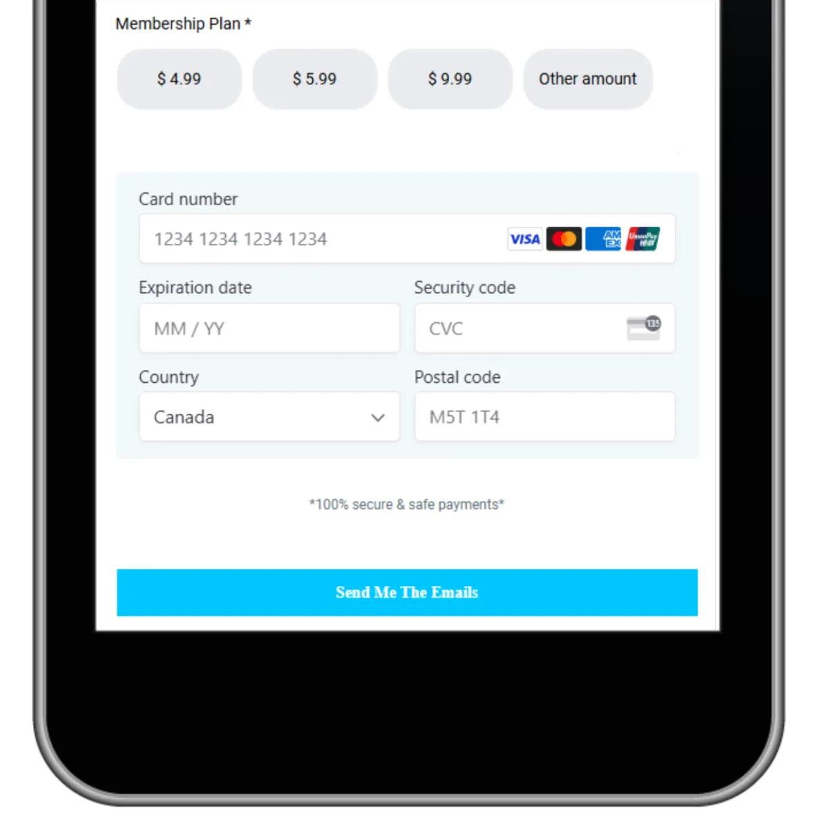 Mobile view of an electronic order form with secure credit card payment fields, enabling businesses to accept payments and manage transactions through smart forms.