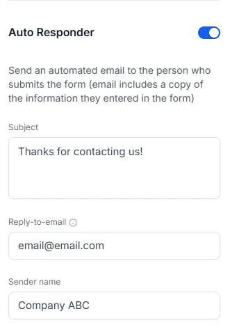 Form builder auto responder settings screen showing automated email options for form submissions, enabling businesses to send instant replies through smart forms.
