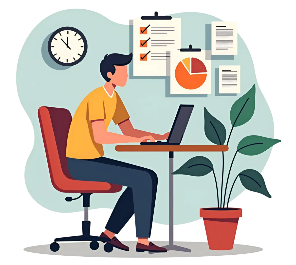 Illustration of a professional working on a laptop with charts and checklists, symbolizing productivity, data collection, and workflow automation with online form creator tools.