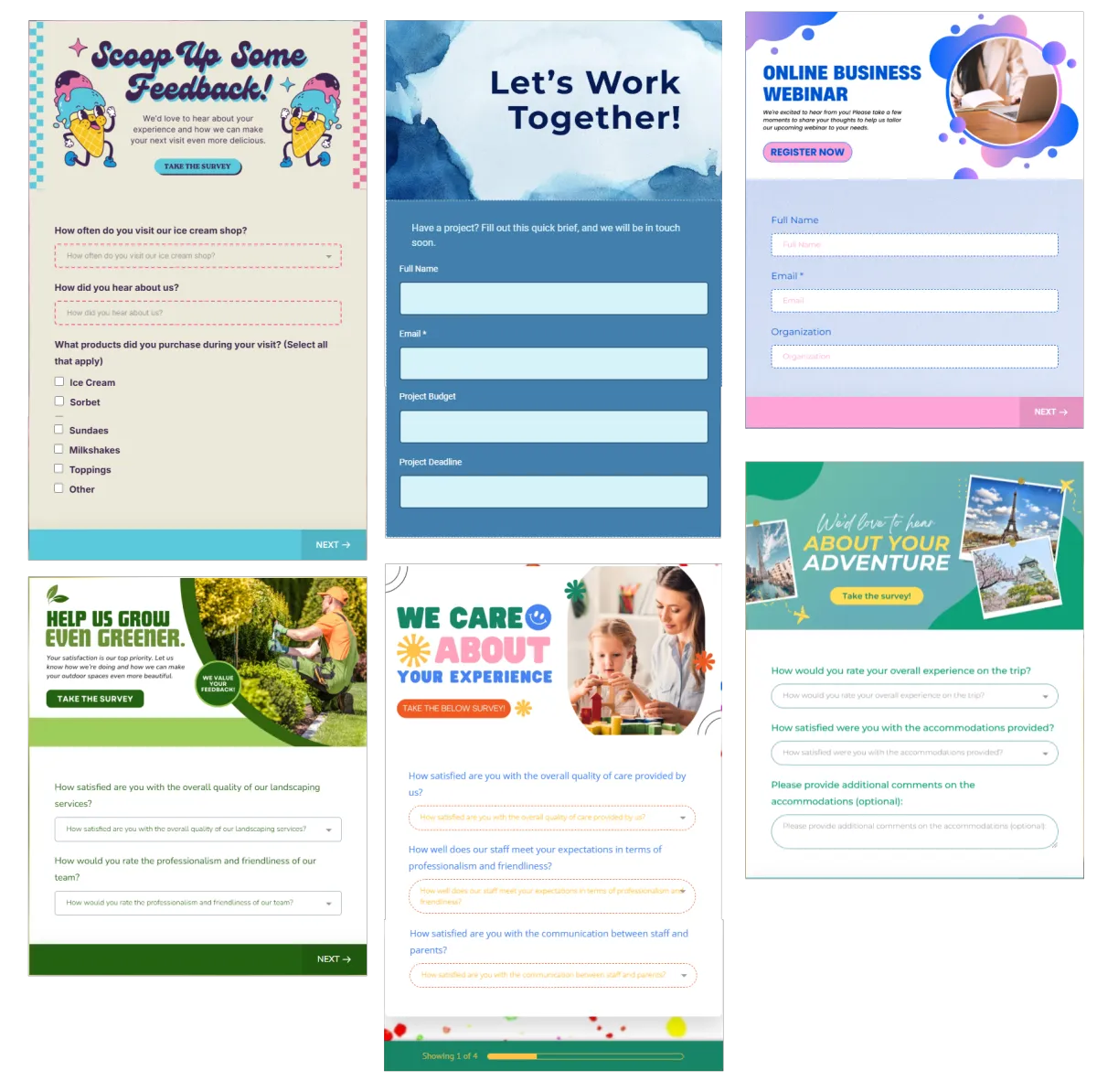 Examples of online survey templates including customer satisfaction surveys, feedback forms, event registration, and branded survey designs using survey software.