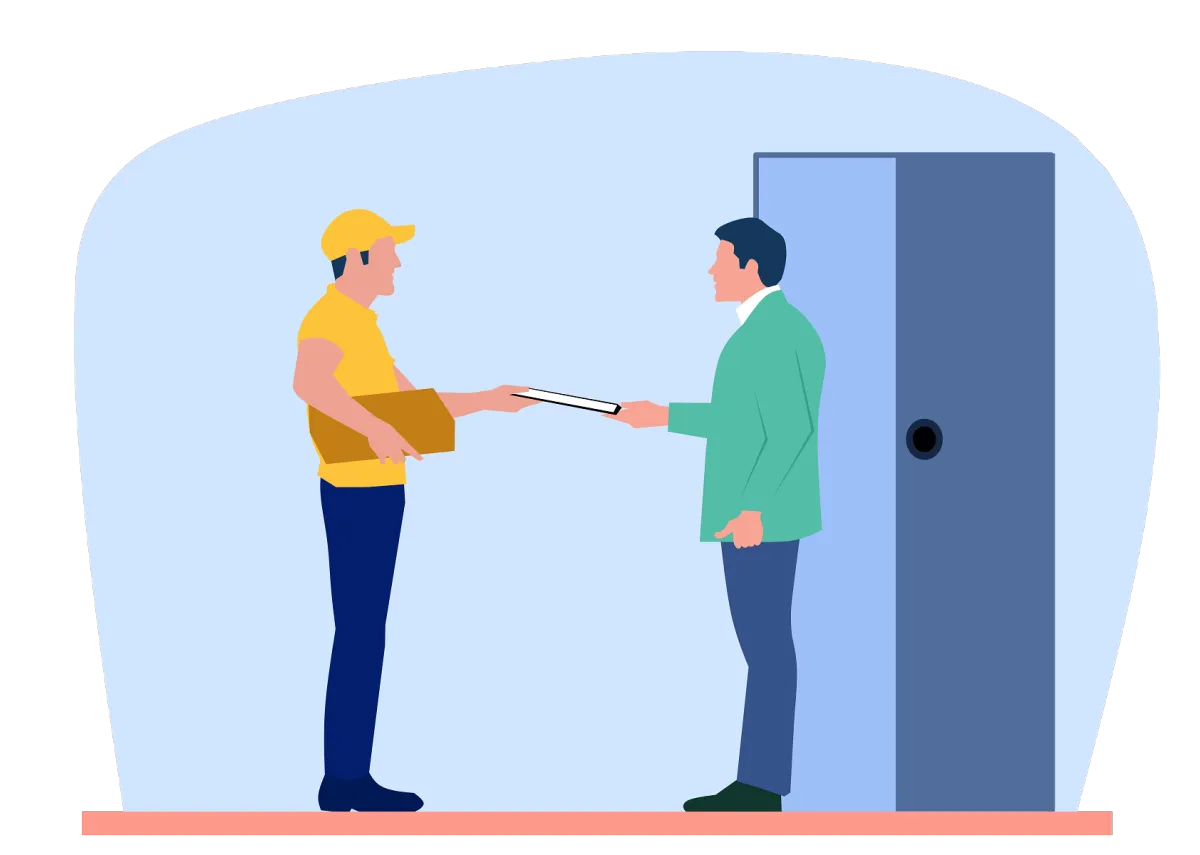 Delivery person handing a package to a customer at the door, symbolizing customer feedback collection and survey software for service satisfaction.