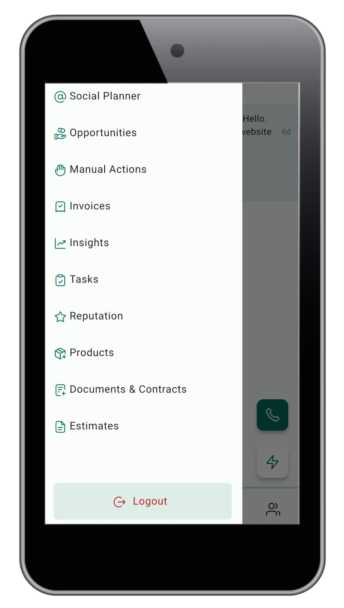 Mobile CRM app interface showing menu options for invoices, tasks, opportunities, sales tracking, contracts, and small business management tools.
