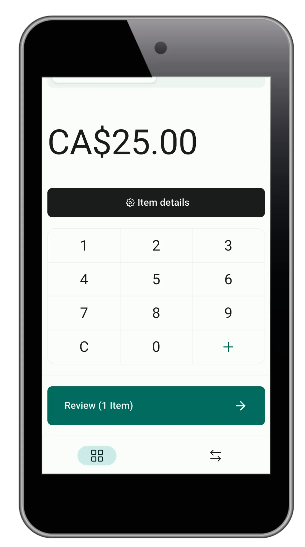 Mobile POS screen showing a $25 payment, demonstrating mobile payment processing and small business sales tracking on a CRM app.
