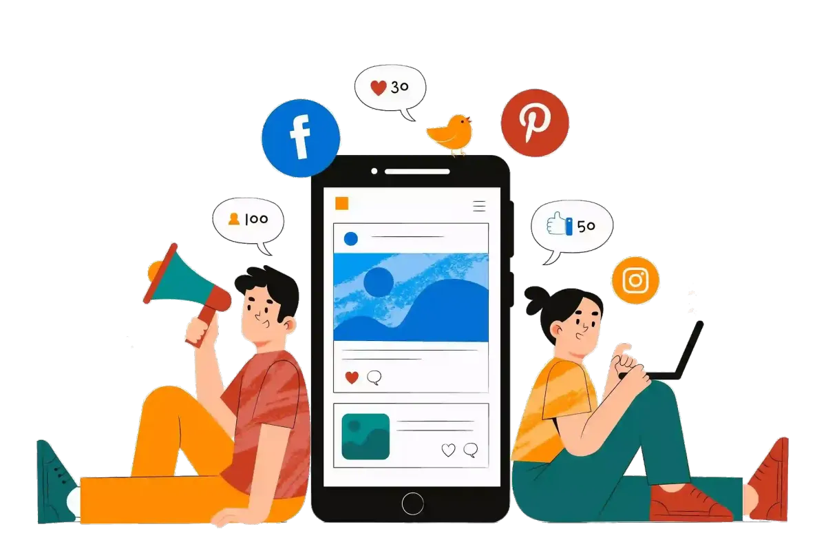 Illustration of small business owners using a mobile CRM app for social media marketing, client engagement, and small business marketing tools.