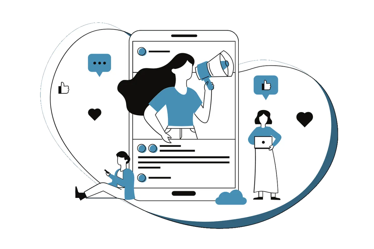 Illustration of small business owners using a mobile CRM app with mobile POS, sales tracking, and marketing tools for client engagement and productivity.
