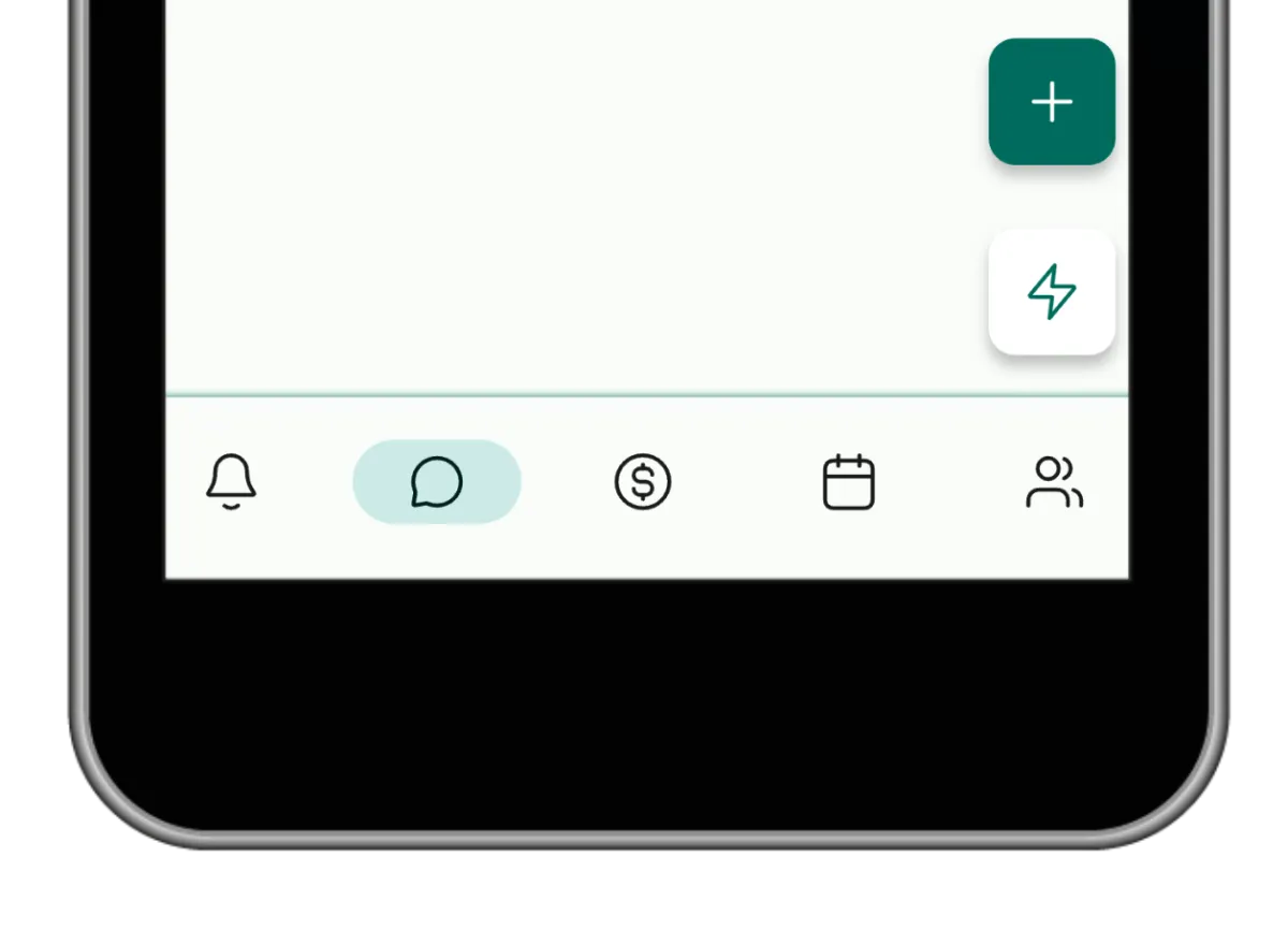 Mobile CRM app navigation bar showing notifications, messaging, payments, calendar, and team management for small business software.