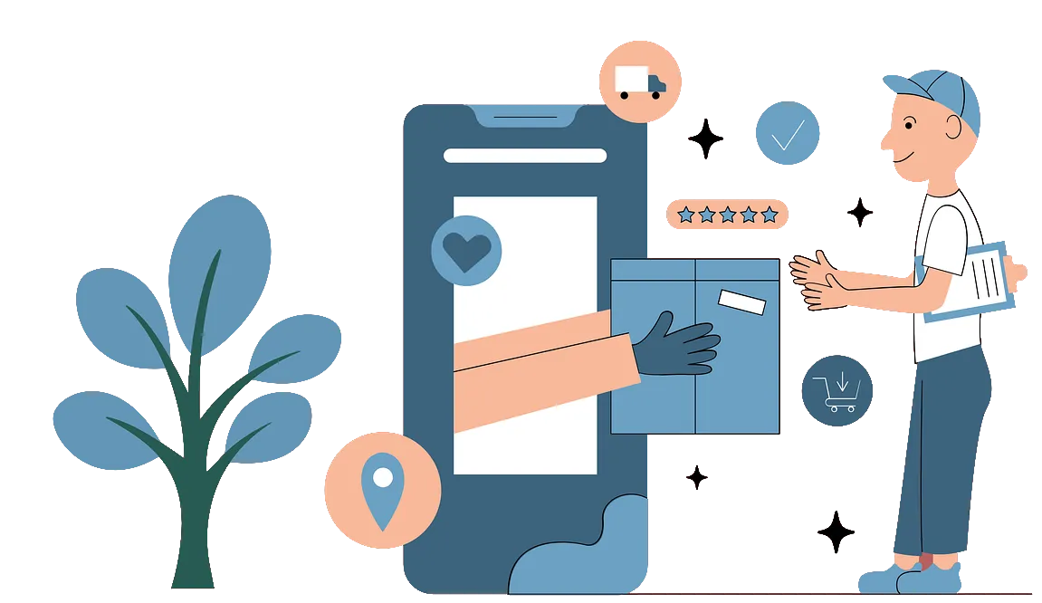 Illustration of small business using a mobile CRM app for order management, delivery tracking, and customer satisfaction with business management software.