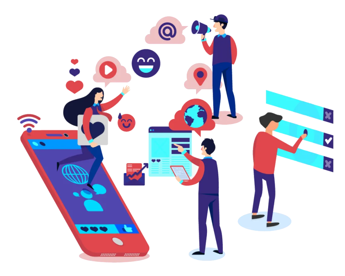 Illustration of small business team using a mobile CRM app with marketing tools, client engagement features, and task management for productivity.