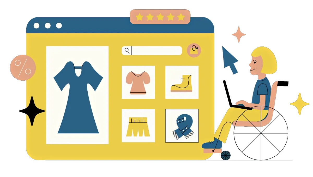 Illustration of a woman using a laptop from a wheelchair to shop online for clothes, representing an accessible ecommerce store and digital product shop.