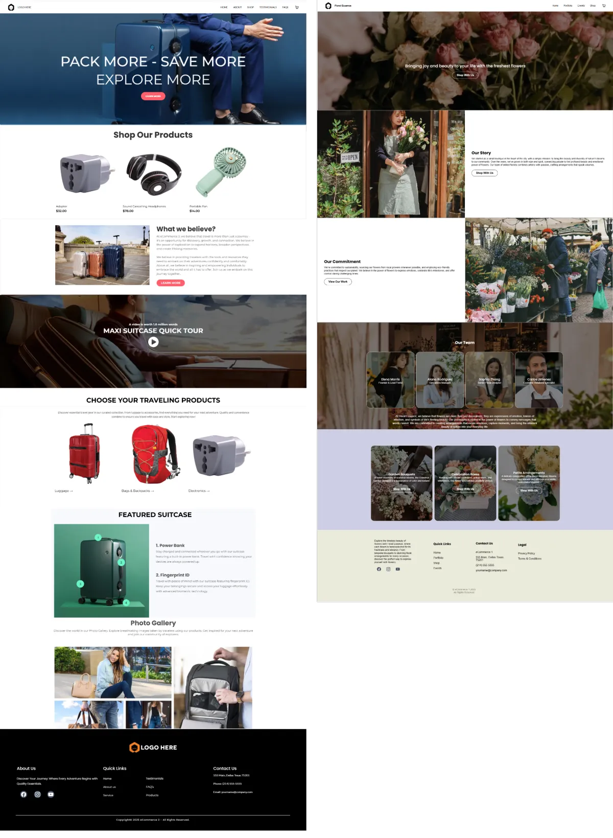 Ecommerce website templates showcasing product pages, travel shop design, flower shop layout, and modern online store examples for selling digital and physical products.