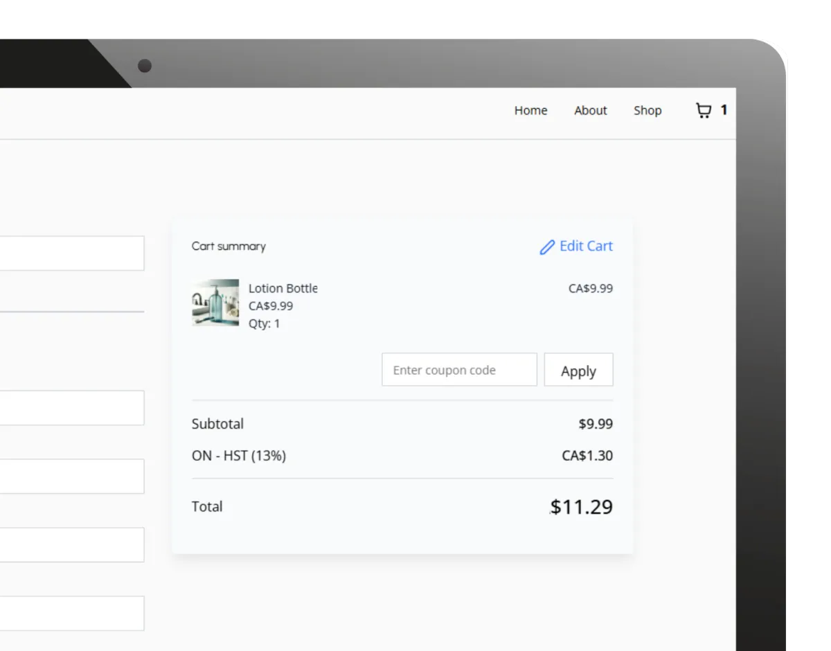 Ecommerce checkout page showing cart summary with product image, coupon code field, subtotal, tax, and total cost for an online order.