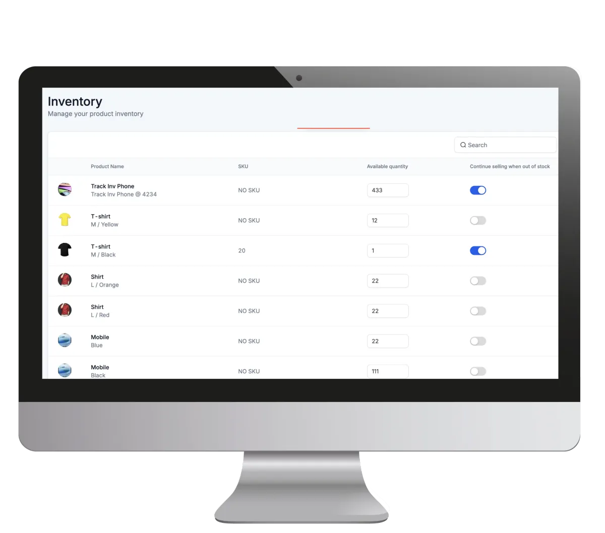 Ecommerce inventory management dashboard on desktop screen showing product list, SKUs, stock levels, and controls to continue selling when out of stock.