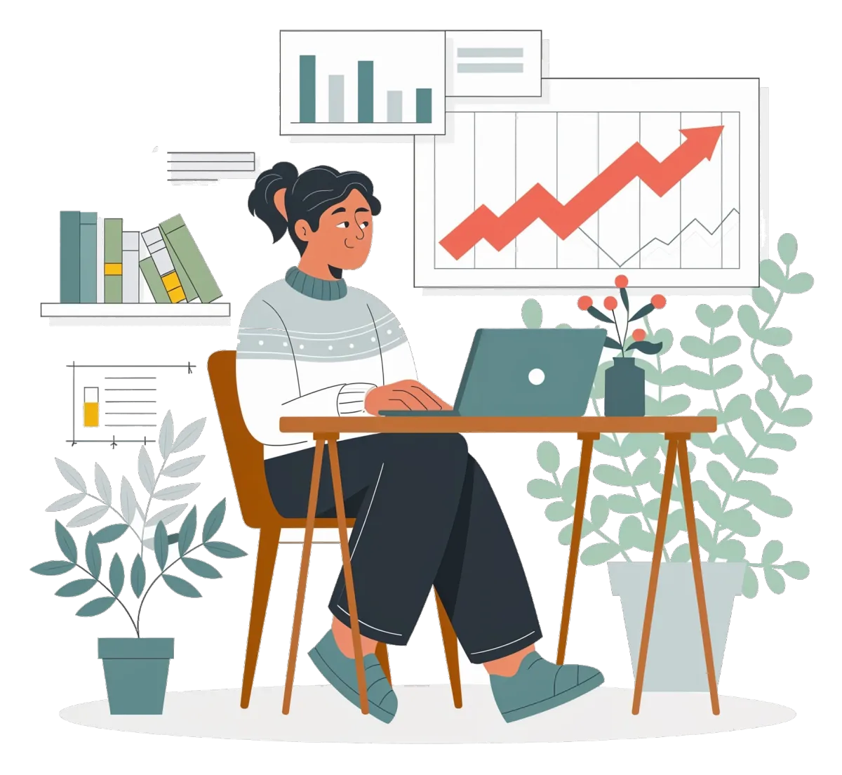 Illustration of a woman working on a laptop with charts and graphs, representing ecommerce analytics, sales tracking software, and business growth insights.