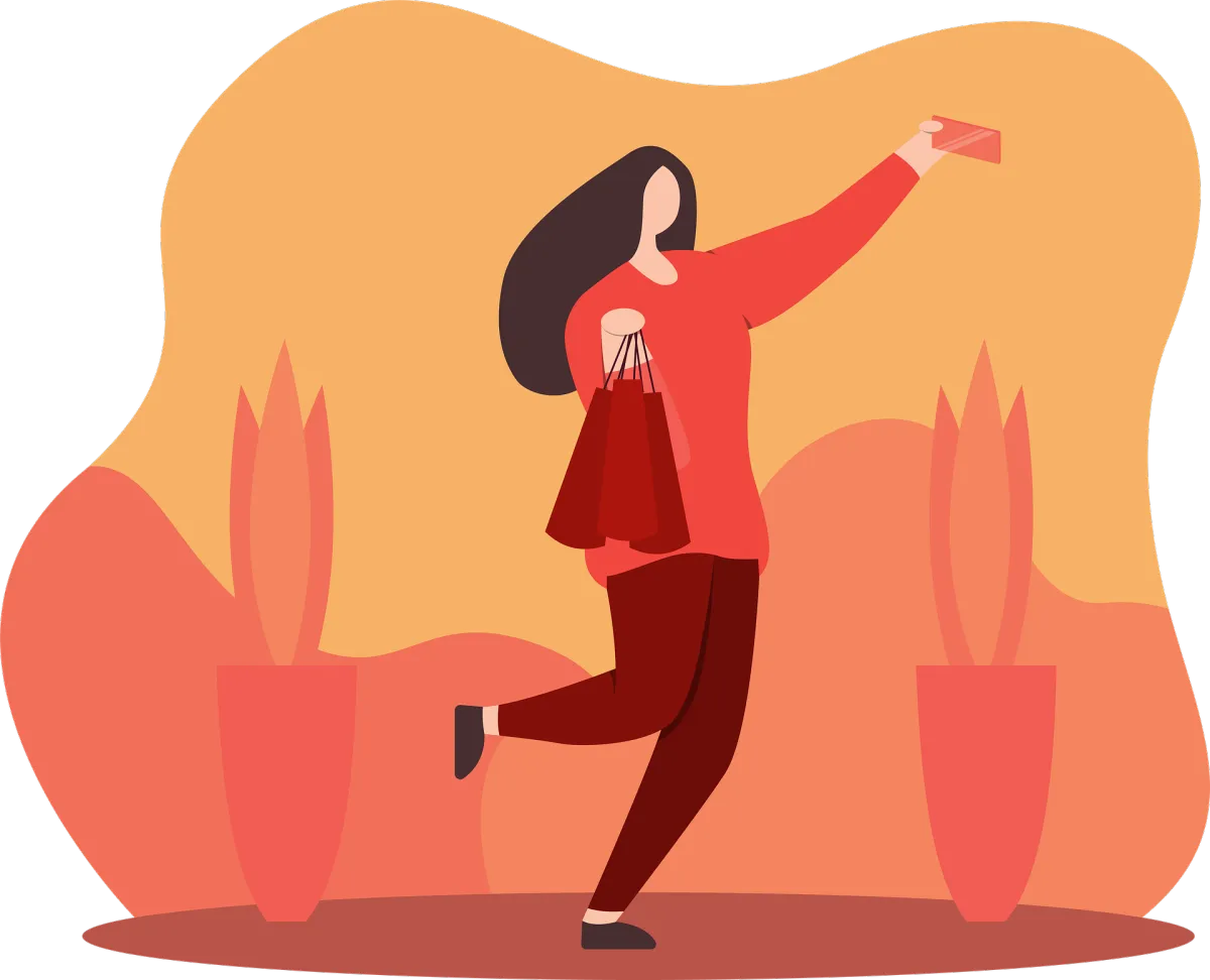 Illustration of a happy woman holding shopping bags and a credit card, symbolizing online shopping, ecommerce sales, and digital product purchases.