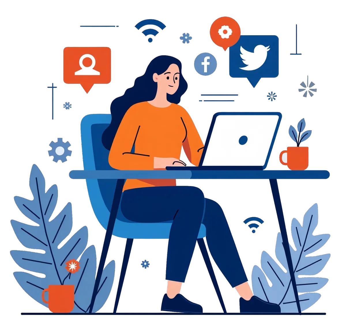 Illustration of a woman using a laptop for omnichannel messaging and business chat, symbolizing a customer engagement platform for unified conversations across email, SMS, and social media.