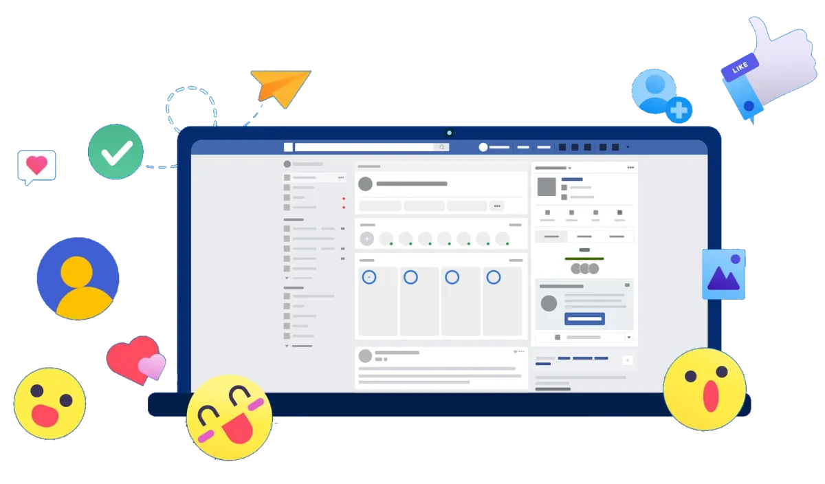 Laptop screen showing social media dashboard with emojis and engagement icons, representing a customer communication platform for omnichannel messaging and business chat.