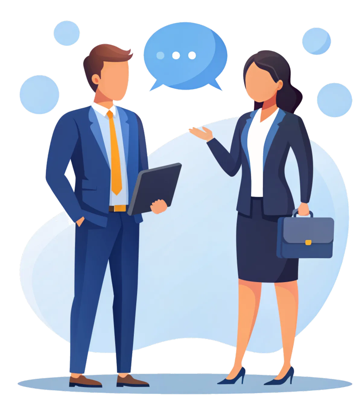 Illustration of two business professionals communicating, symbolizing a customer engagement platform and omnichannel CRM for streamlined business messaging.