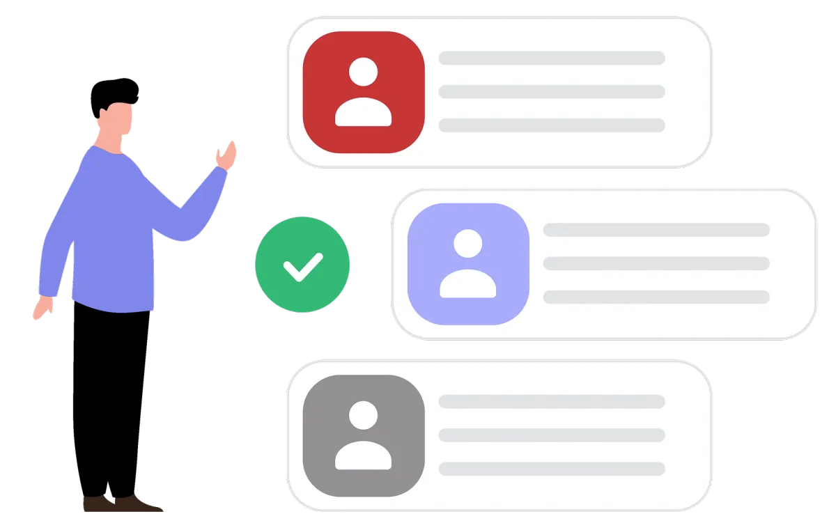 Illustration of a person managing customer profiles with tags and status icons, representing contact management, personalization, and customer communications management in an omnichannel CRM.