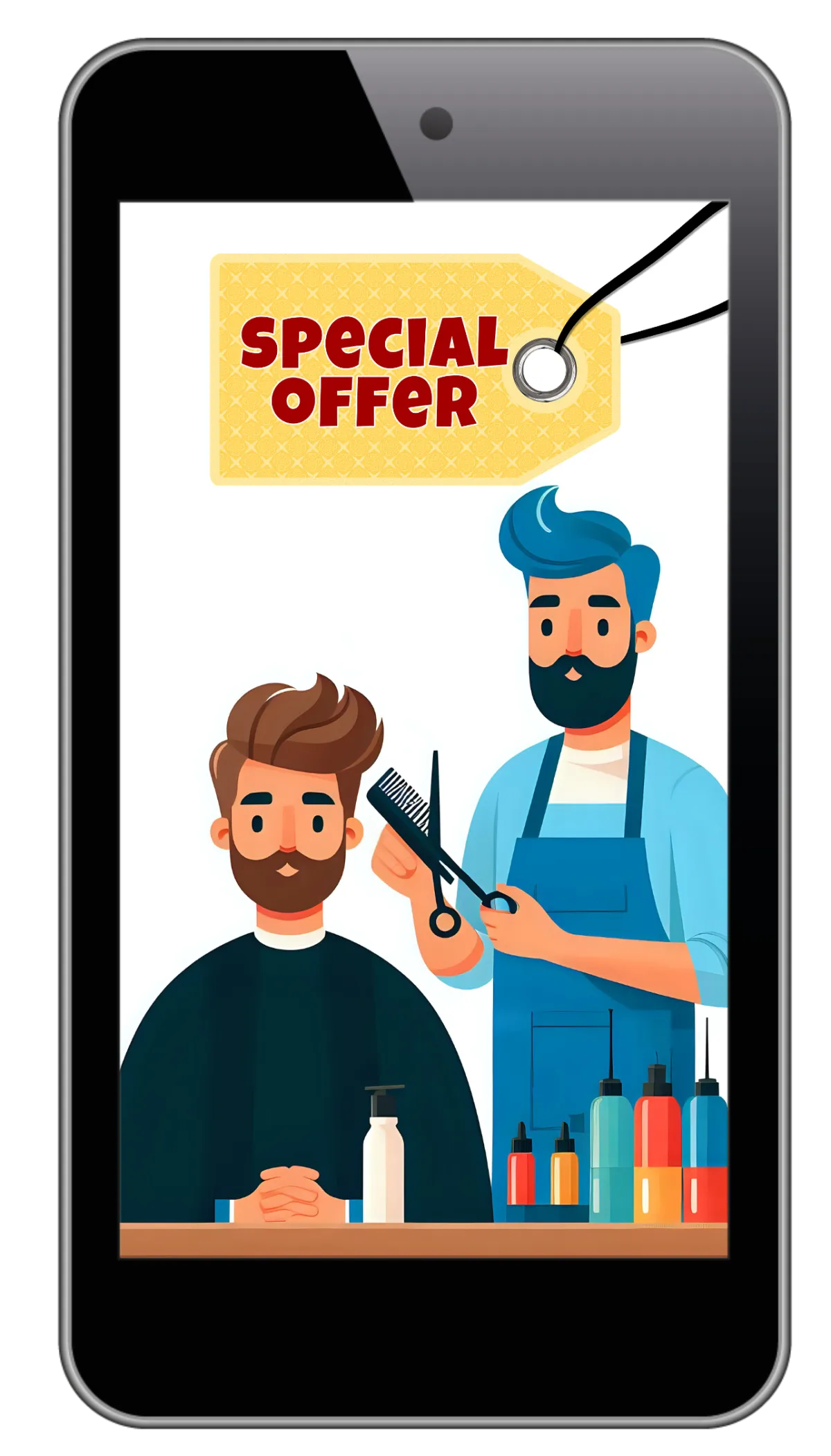 Illustration of a barber and customer with a special offer displayed on a smartphone, representing branded business QR codes for promotions and customer engagement.