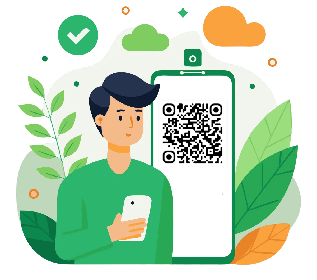 Illustration of a customer scanning a branded business QR code on a smartphone, symbolizing digital engagement, QR code payments, and marketing connectivity.