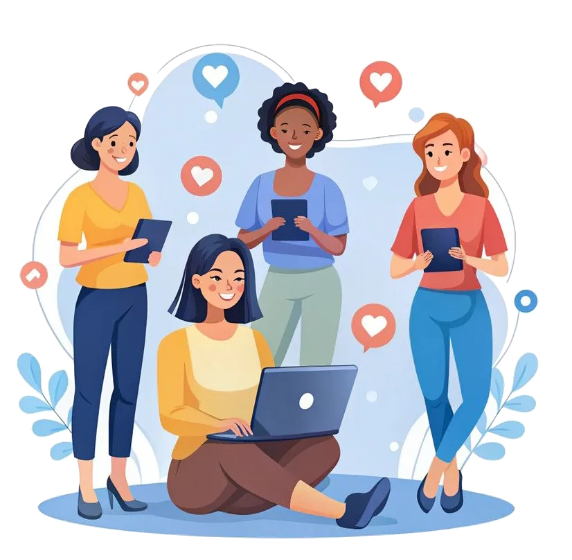 Illustration of diverse women using laptops and tablets, symbolizing customer engagement, online reviews, and digital marketing powered by business QR codes.