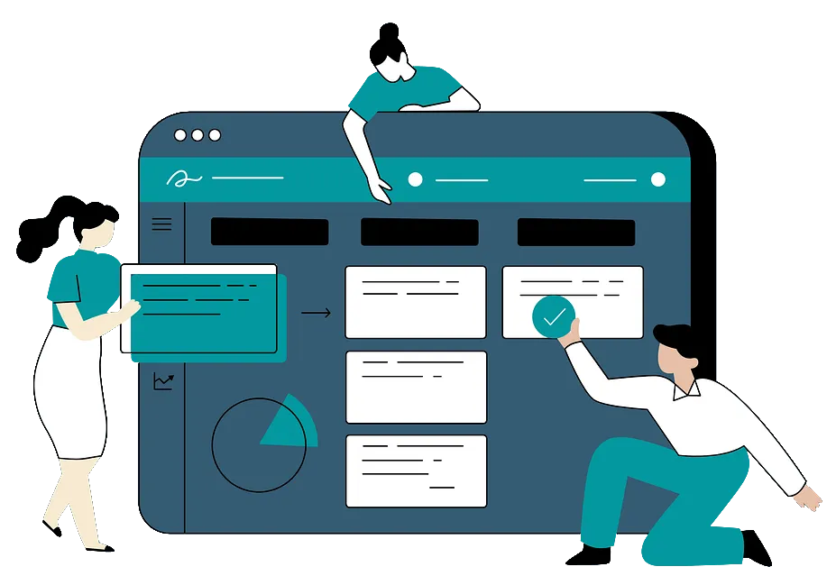 Illustration of marketers using quiz funnel software with drag-and-drop quiz builder, lead generation quiz tools, and CRM data integration.