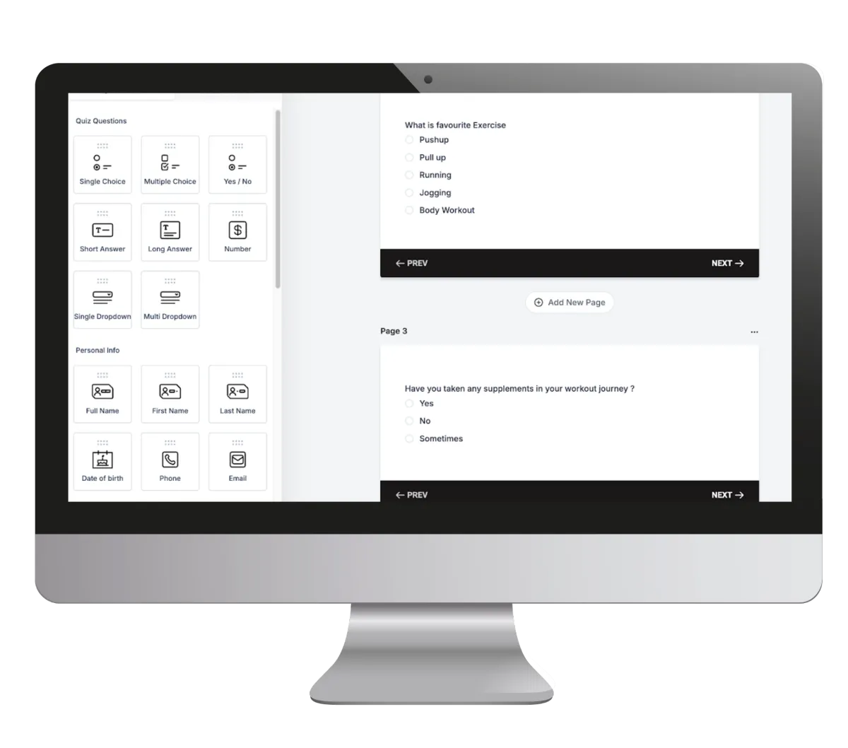 Computer screen showing drag-and-drop quiz funnel builder with customizable question types for lead generation quizzes and CRM integration.