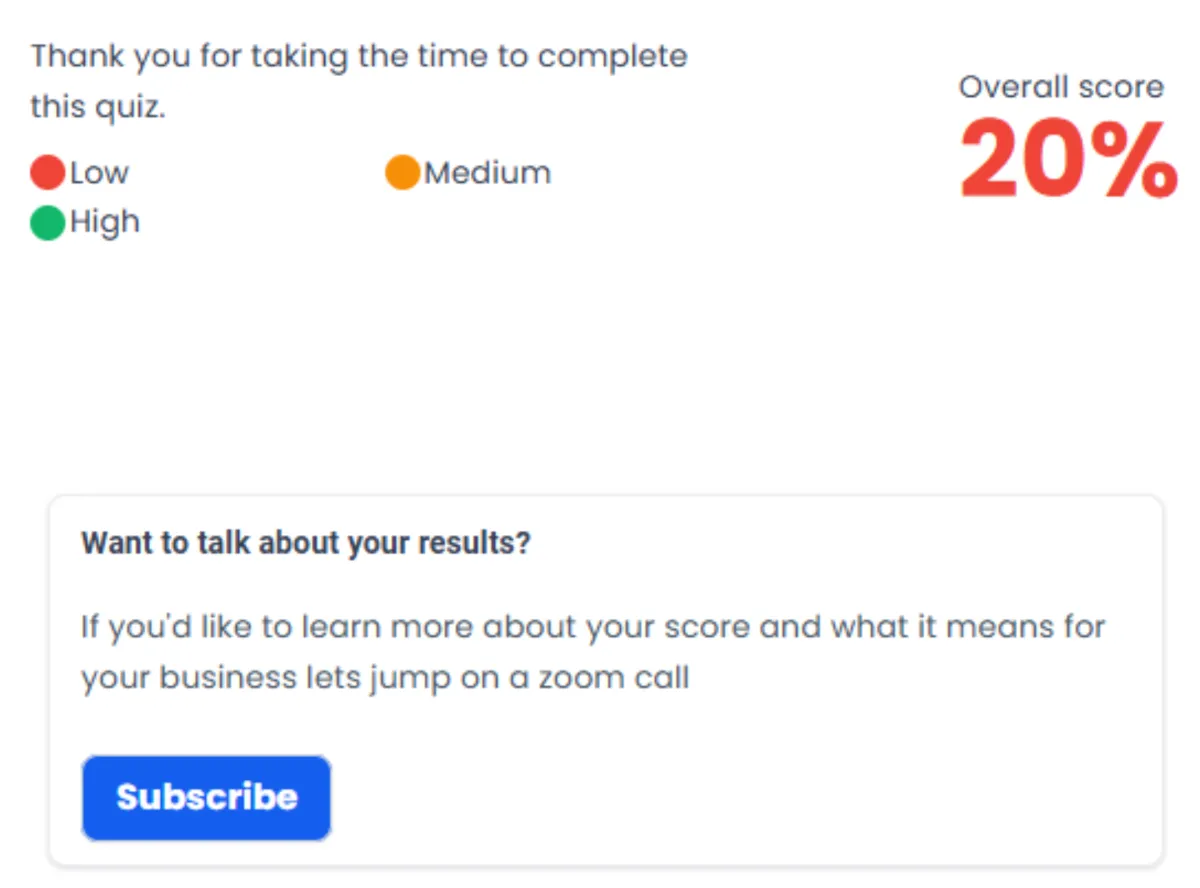 Quiz results page showing overall score with low, medium, and high ratings, plus call-to-action for lead generation and follow-up in quiz funnel software.