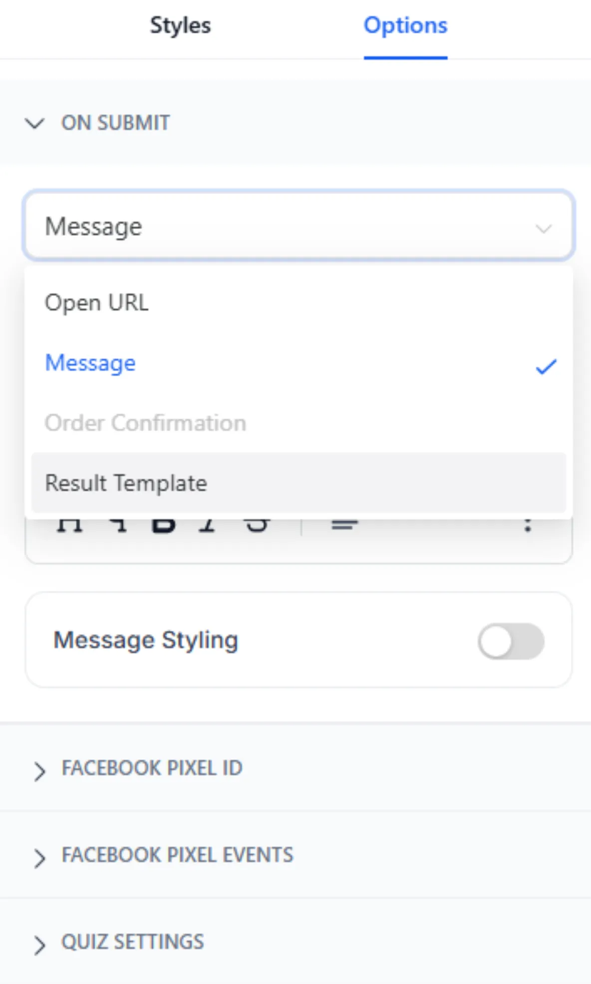 Quiz funnel software settings panel showing on-submit options, Facebook Pixel integration, and customizable quiz result templates for lead generation.