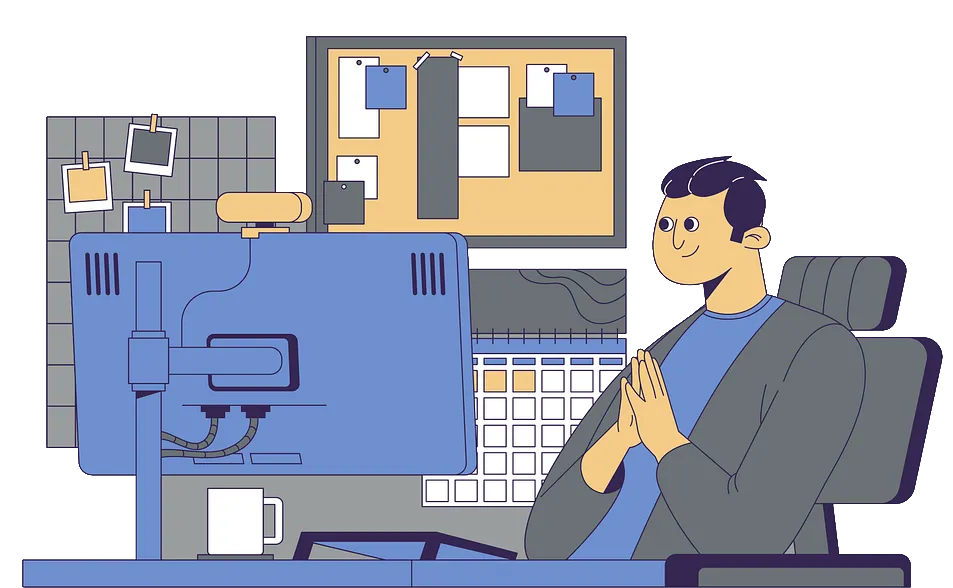Business professional using CRM and quiz funnel software at desk with calendar and planning board to manage lead generation and customer engagement.