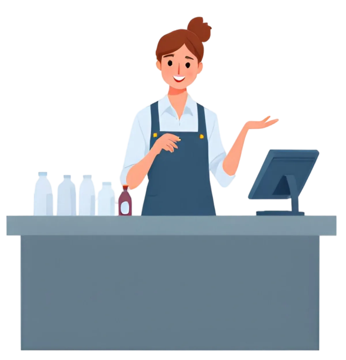 Small business owner at checkout counter using CRM and quiz funnel software to engage customers and generate leads.