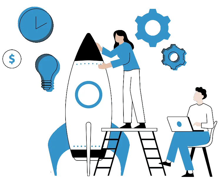 Illustration of team using sales automation tools and workflow automation to launch business growth, featuring a rocket, gears, and task management icons.