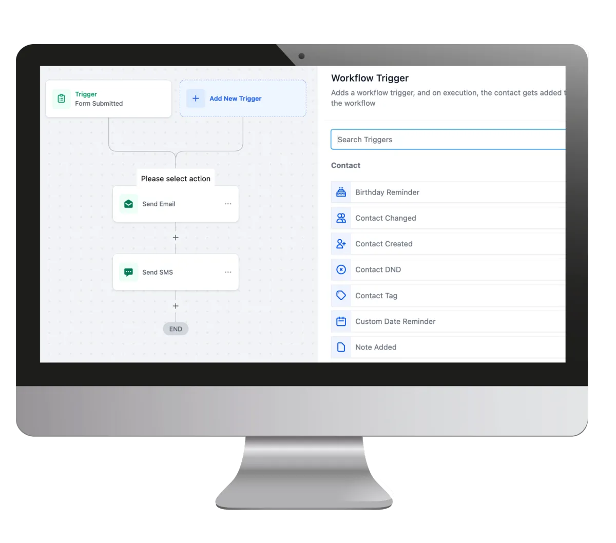 Computer screen showing no code automation workflow builder with triggers, email, and SMS actions in sales process automation software.