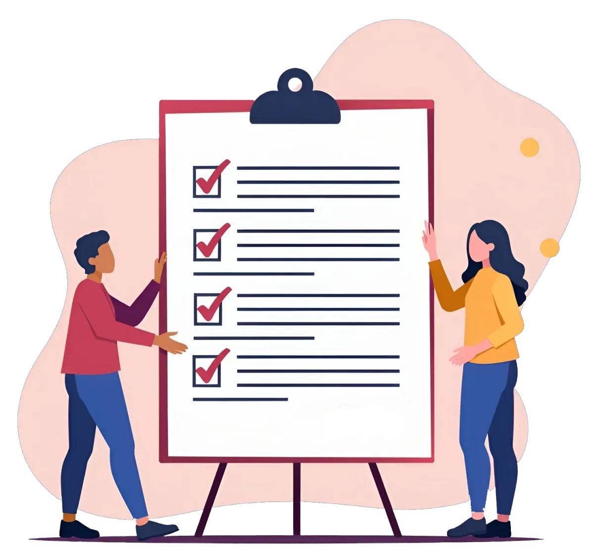 "Illustration of two people reviewing checklist representing task management, internal automation, and workflow automation benefits.