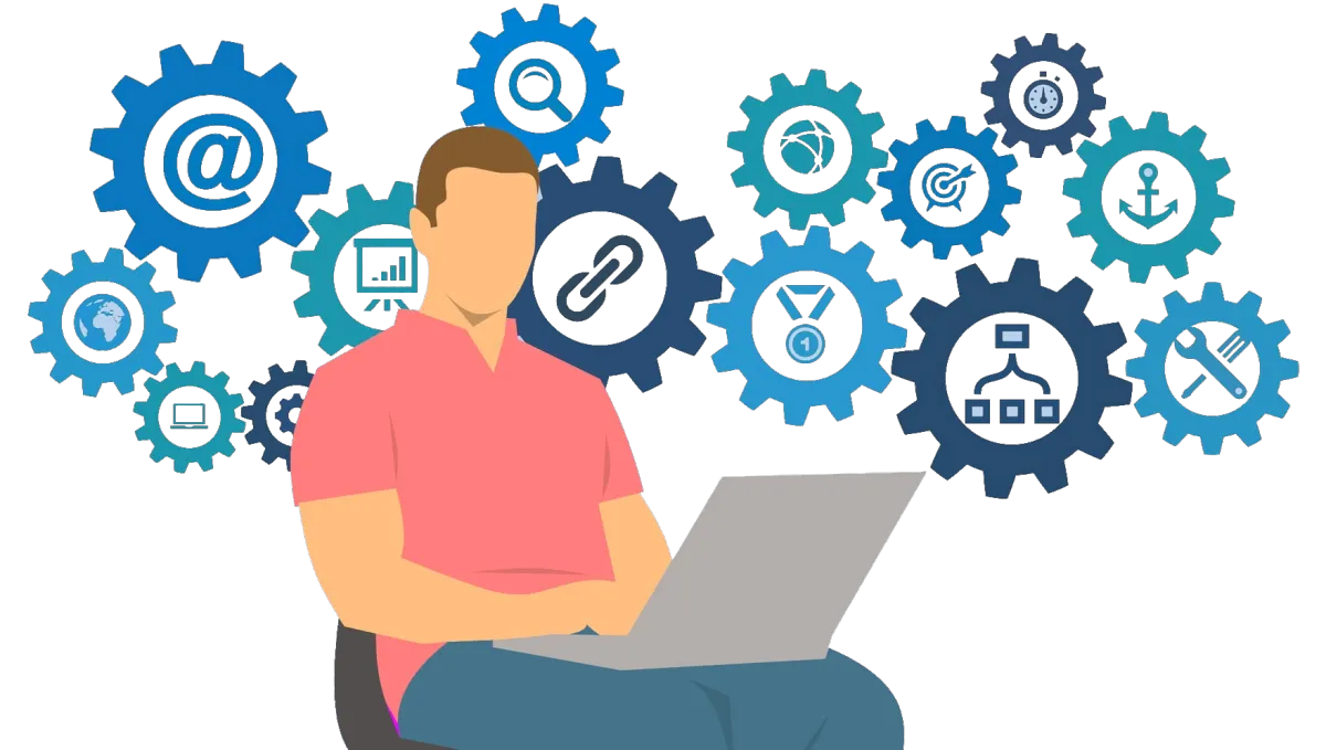 Illustration of person using laptop with gears showing CRM integration, third-party tools, and sales automation software connections.