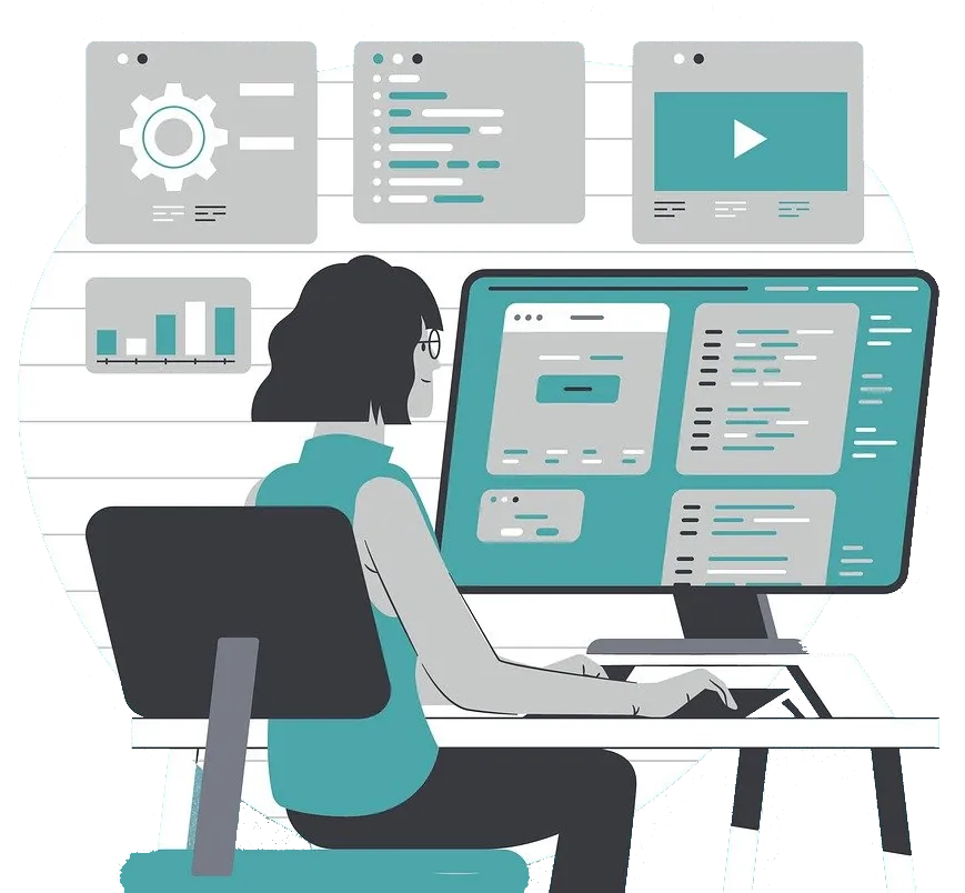 Illustration of a professional using CRM and business management software on a computer, featuring dashboards for sales tracking, marketing tools, and small business management.