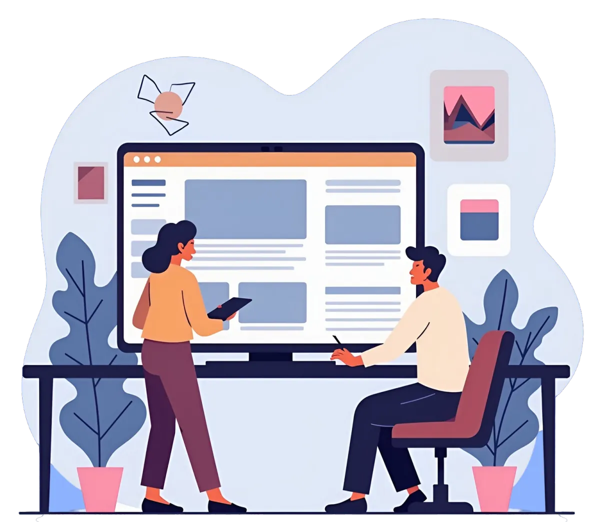 Team collaboration illustration showing two professionals using CRM and business management software on a large screen to organize data and streamline workflows.