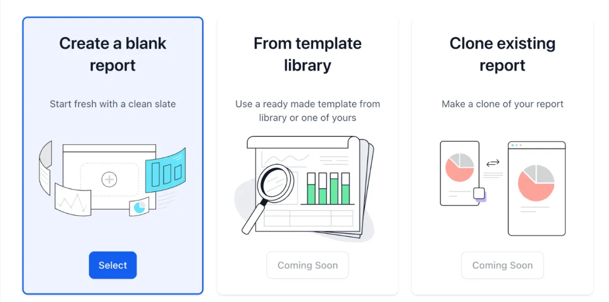 CRM reporting dashboard options showing create a blank report, use a template library, or clone an existing report for small business analytics and data management.