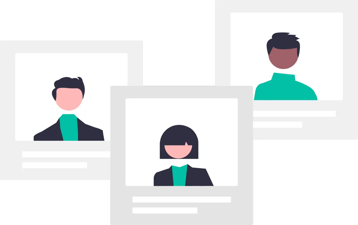 Illustration of contact profiles representing CRM contact management software, showcasing customer data organization and small business account management.