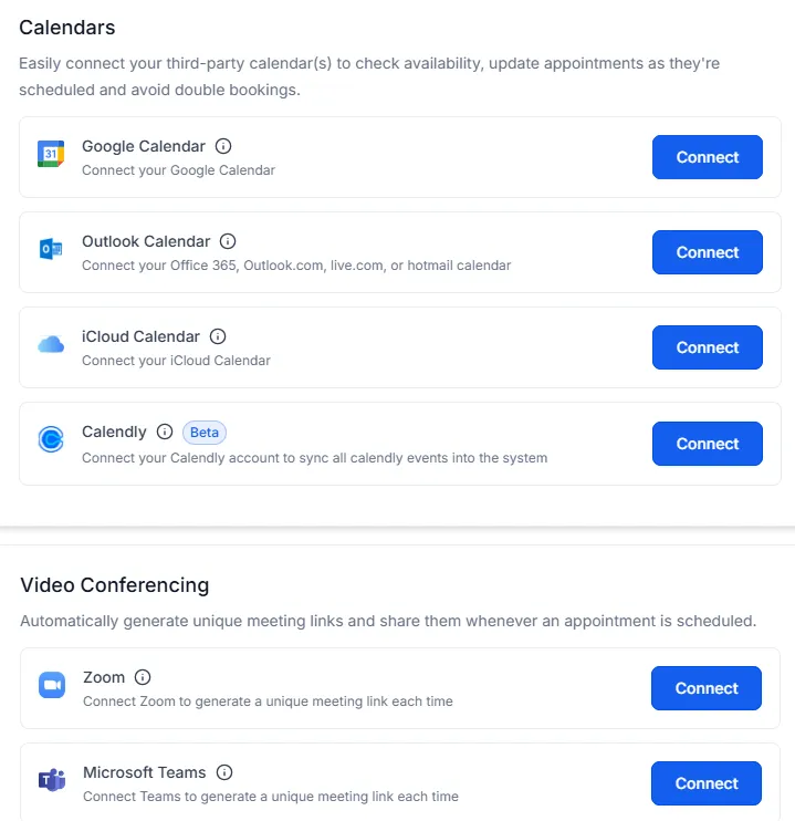 CRM integrations screen showing calendar syncing with Google, Outlook, iCloud, and Calendly, plus video conferencing integrations with Zoom and Microsoft Teams for small business management.