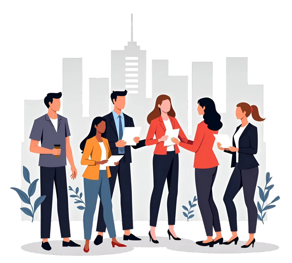 Illustration of a business team collaborating in a city office environment, representing small business management software, CRM teamwork, and client relationship building.