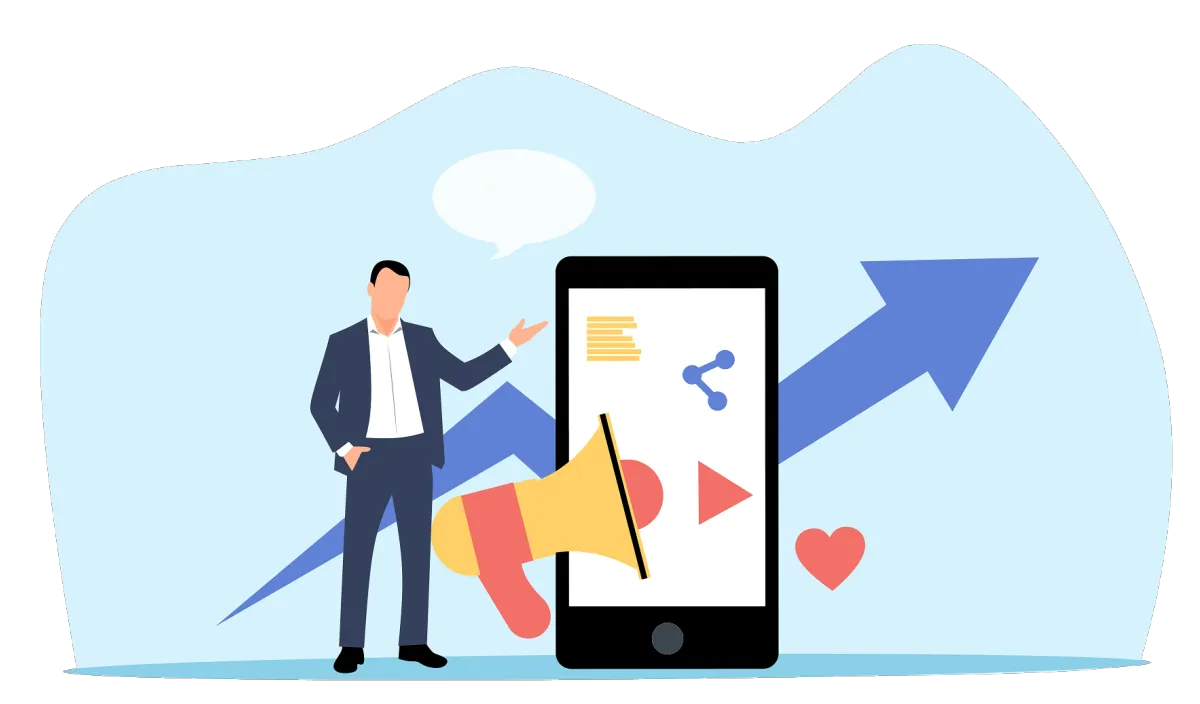 Illustration of digital marketing and CRM tools with a business professional, smartphone, social media icons, and growth arrow representing small business marketing success.