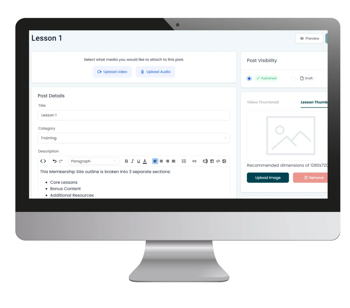 Online course builder interface on desktop showing lesson creation, content editor, and media upload tools within an affordable LMS platform.
