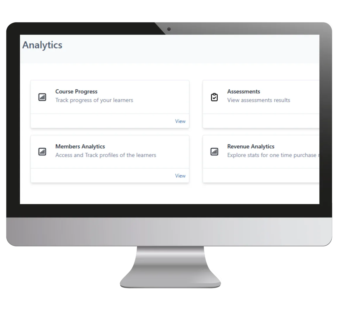 Analytics dashboard in learning management system showing course progress, assessments, member analytics, and revenue tracking for online courses.