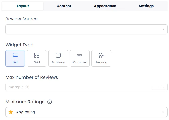 Reputation management software widget settings for displaying customer reviews on a website, including review source, layout, and rating filters.