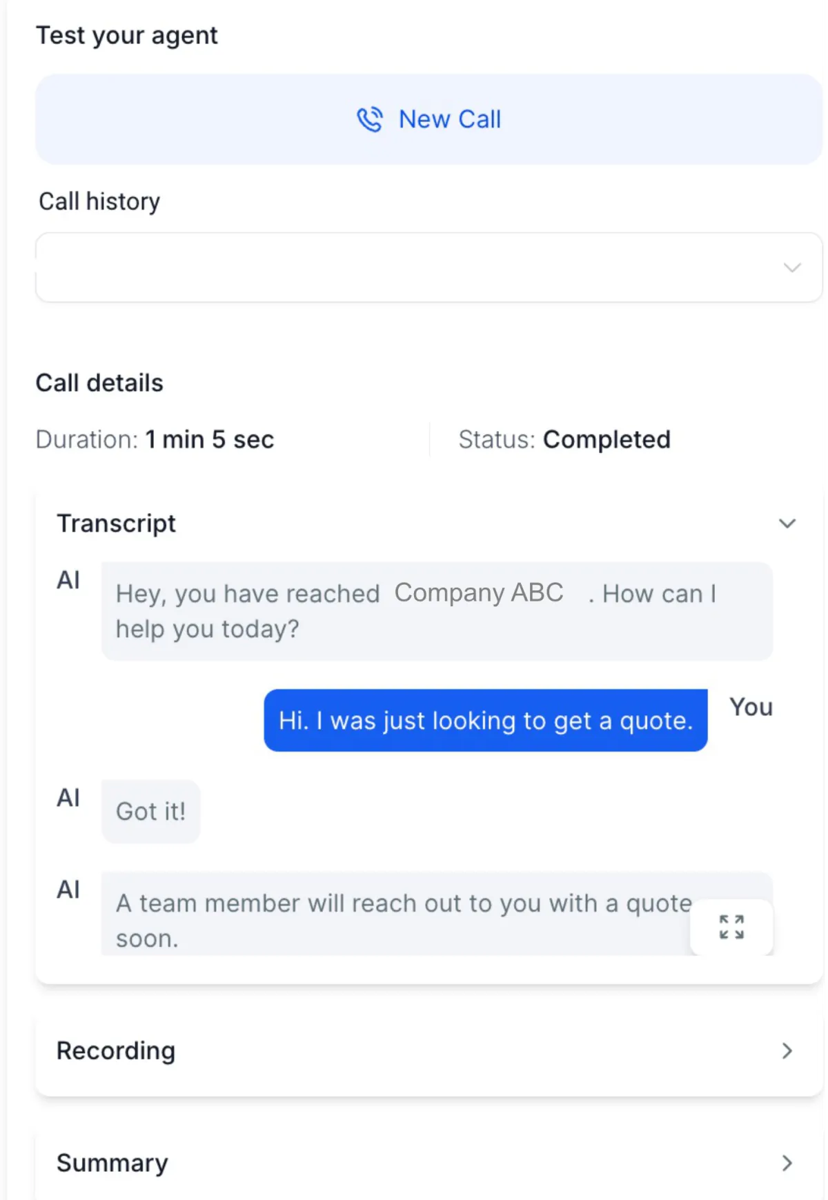 AI assistant call transcript showing virtual employee handling customer quote request with automated business communication