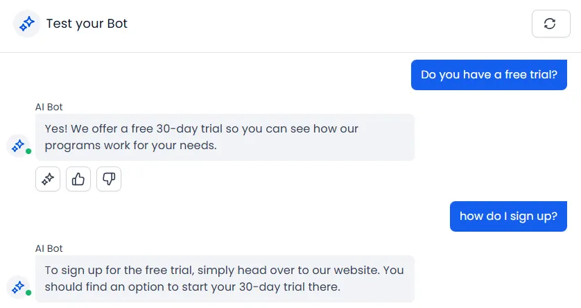 AI chatbot assistant demo showing automated customer conversation about free trial signup with virtual employee support