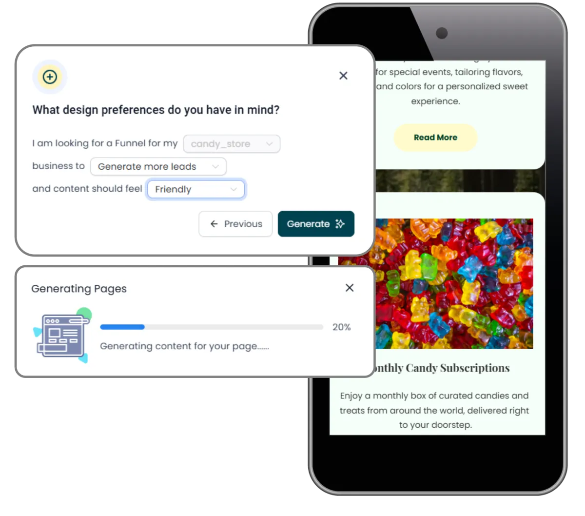 AI automation tool building sales funnel pages with virtual employee support, generating content and layouts for lead generation on mobile site