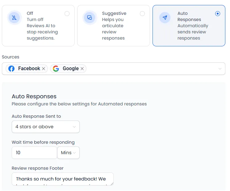 "AI reviews automation dashboard with virtual employee features for auto responses, managing customer feedback on Facebook and Google